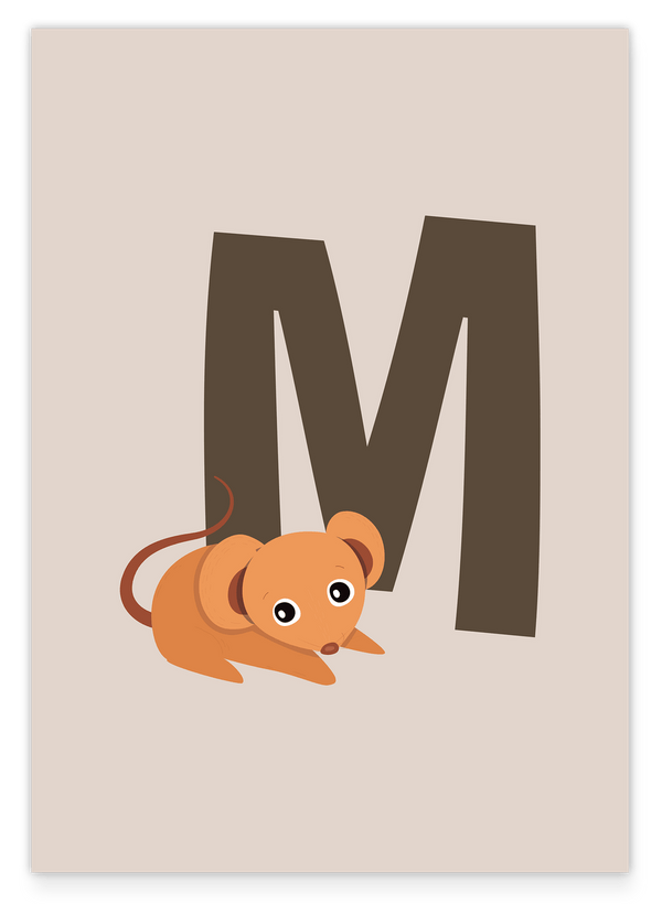 M wie Maus, Kinder Illustration in Beige, ABC Lernen mit Buchstaben