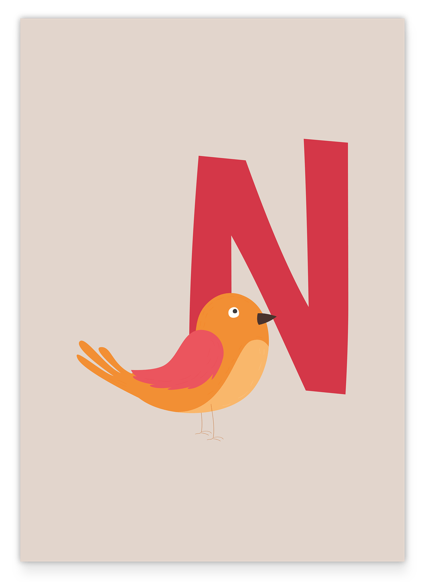 N wie Nachtigall, ABC lernen, Buchstabe für Name, Beige Wanddekoration für Kinder