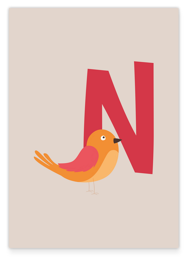 N wie Nachtigall, ABC lernen, Buchstabe für Name, Beige Wanddekoration für Kinder