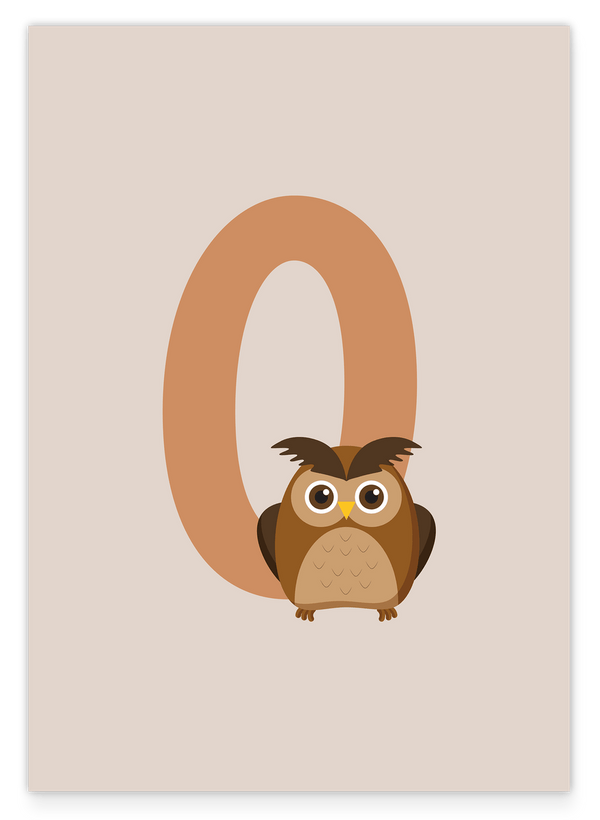O wie Owl, Süße Tier Illustration mit Buchstabe, Eulen Deko für Kinder in Beige - Englisches ABC