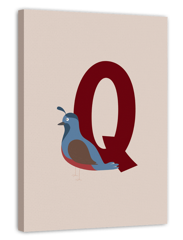 Buchstabe für Name, Q wie Quail - Wachtel - Englisches ABC Lernen, Kinderzimmer Illustration in Beige