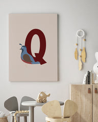 After Hover: Buchstabe für Name, Q wie Quail - Wachtel - Englisches ABC Lernen, Kinderzimmer Illustration in Beige