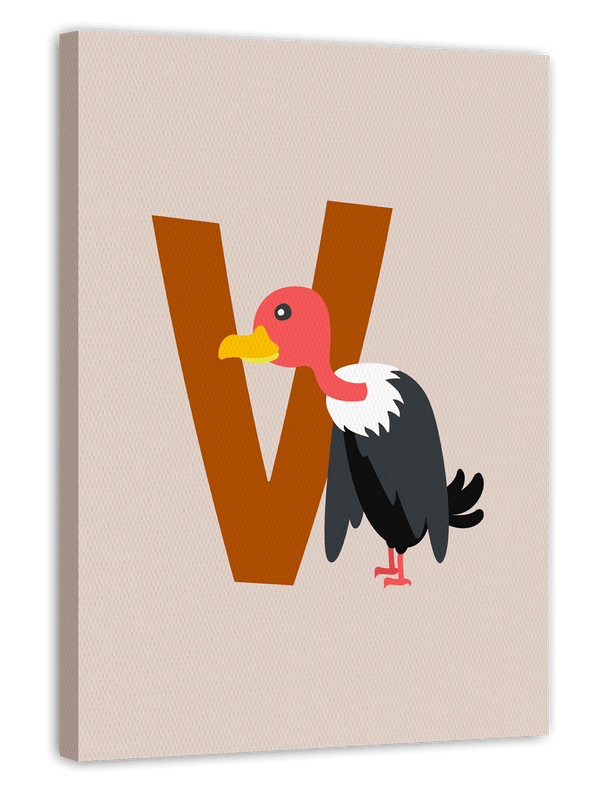 V wie Vulture, Süße Geier Illustration in Beige, Englisches ABC Lernen, Kinderzimmer Dekoration