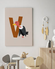 After Hover: V wie Vulture, Süße Geier Illustration in Beige, Englisches ABC Lernen, Kinderzimmer Dekoration