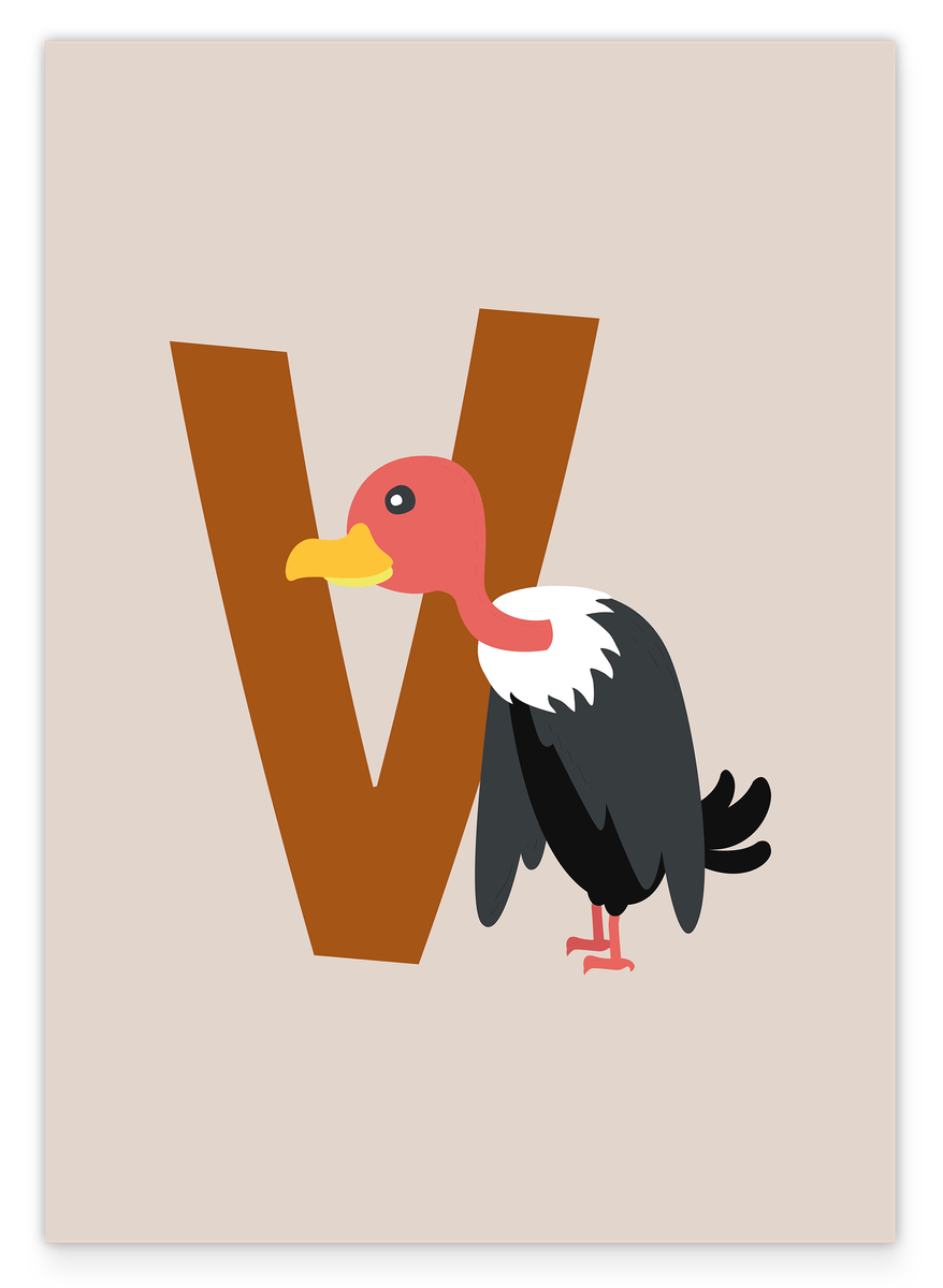 V wie Vulture, Süße Geier Illustration in Beige, Englisches ABC Lernen, Kinderzimmer Dekoration