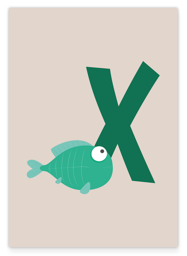 X wie X-Ray Fish, Englisches ABC Lernen, Fisch, Buchstabe für Name, Süße Zeichnung, Dekoration für Zuhause