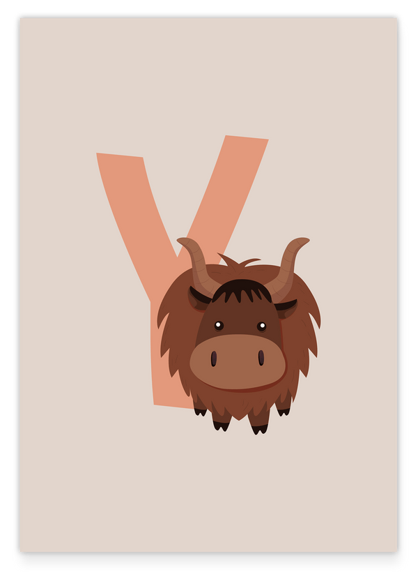 Y wie Yak, ABC Lernen, Buchstabe für Name, Süße Zeichnung, Dekoration für Zuhause