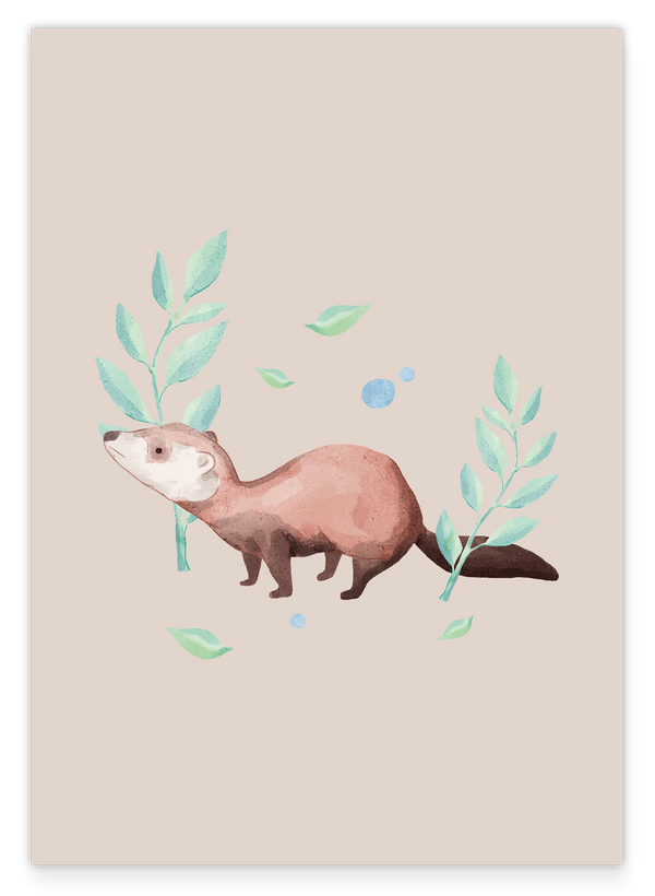 Wiesel im Wald, Tier-Illustration, Süße Wasserfarben-Zeichnung, Dekoration für Zuhause