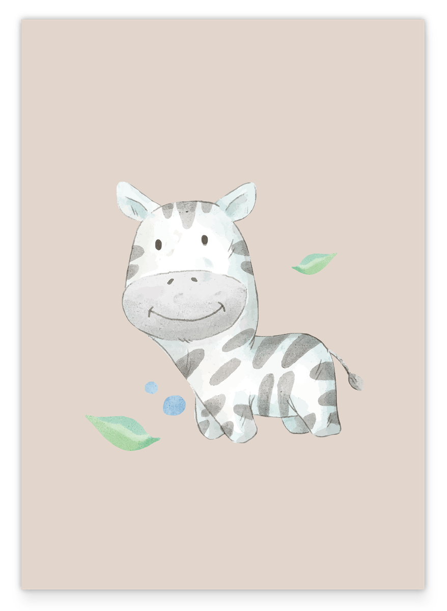 Glückliches Zebra, Süße Wasserfarben-Illustration, Deko für Babies und Kinder in Beige