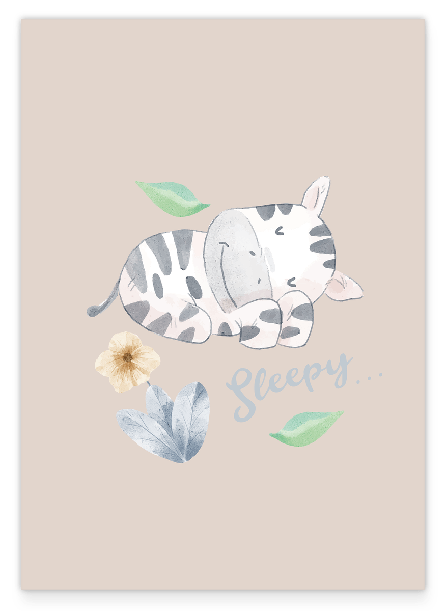 Schlafendes Zebra, Gute Nacht-Illustration für Kinder in Beige mit Wasserfarben