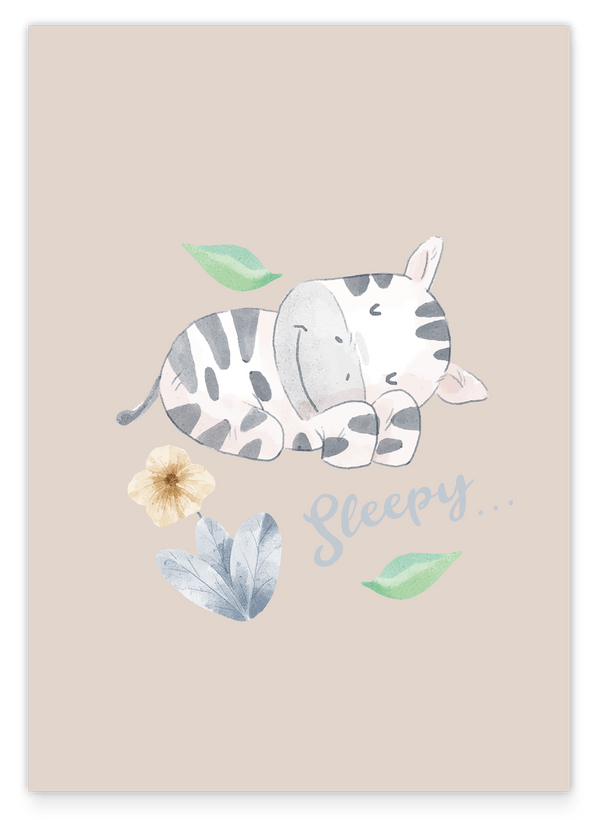 Schlafendes Zebra, Gute Nacht-Illustration für Kinder in Beige mit Wasserfarben