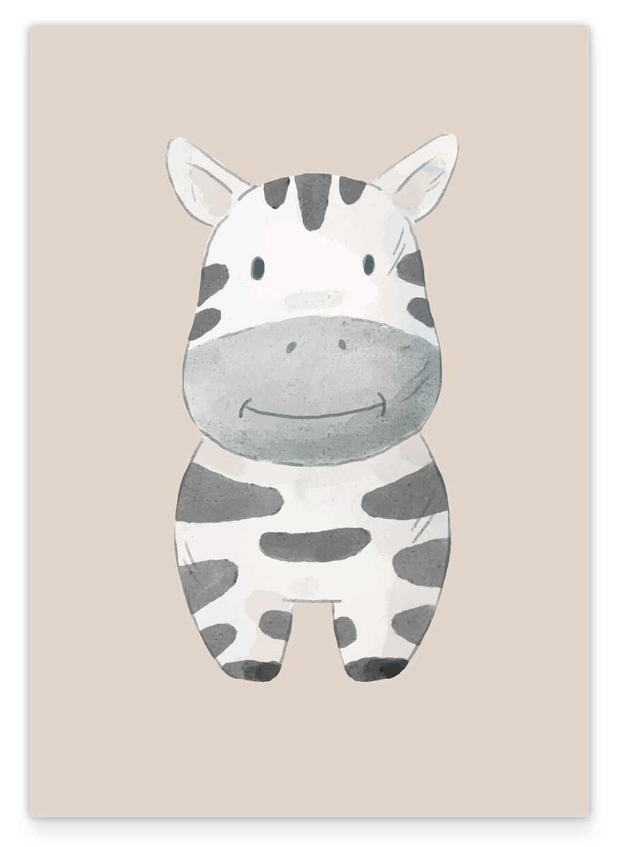 Lächelndes Zebra in Beige, Tier-Illustration für Kinder im Wasserfarben-Stil