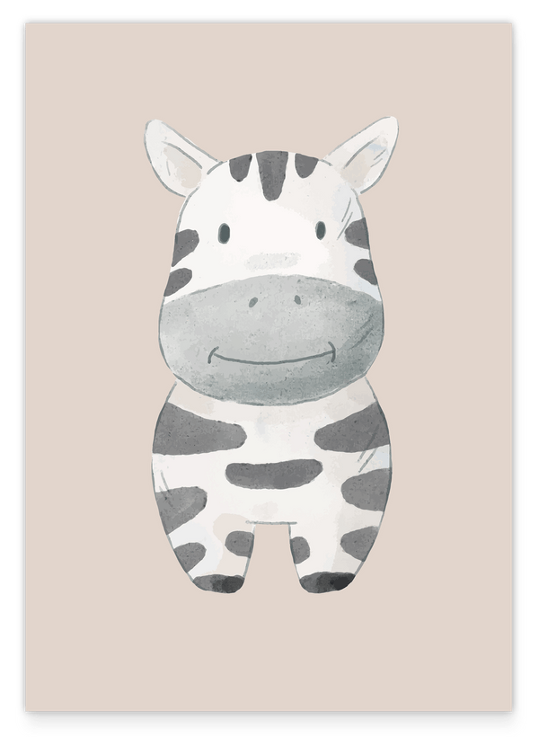 Lächelndes Zebra in Beige, Tier-Illustration für Kinder im Wasserfarben-Stil