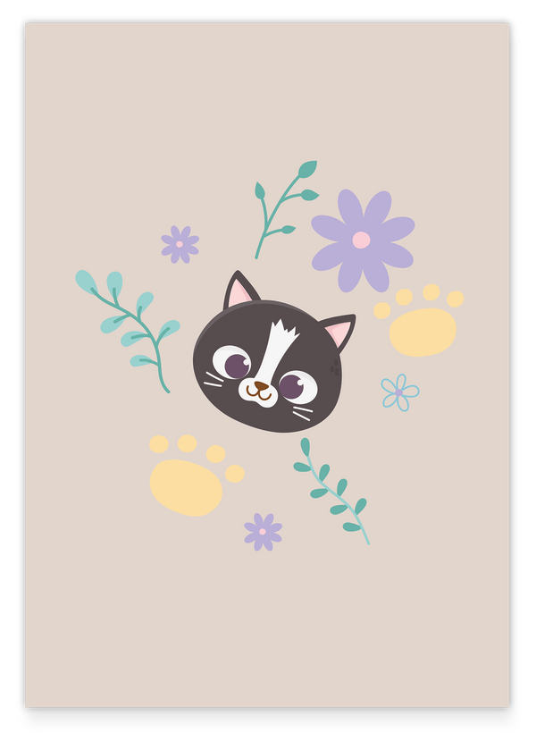 Katze im Blumenfeld, Süße Zeichnung, Kunst für Kinder, Tier-Illustration, Deko für Zuhause