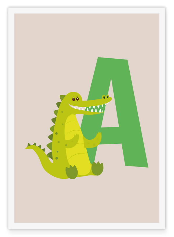 A wie Alligator, ABC Lernen, Buchstabe für Name, Süße Zeichnung, Dekoration für Zuhause