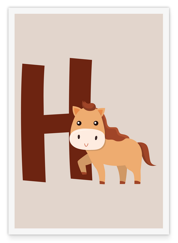 H wie Horse, Süße Pferd Illustration in Beige mit weißem Rand - Kinderzimmer Dekoration