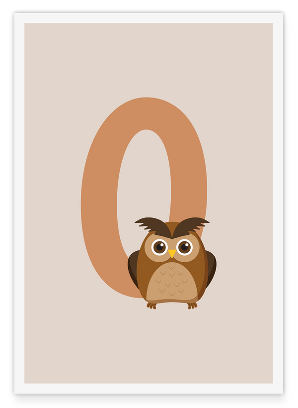 O wie Owl, Kinder Illustration in Beige mit weißem Rand - Eulen Kunstdruck, Englische Buchstaben für Namen