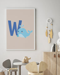 After Hover: W wie Wal, Buchstabe für Name, ABC Lernen, Süße Zeichnung für Kinder, Dekoration für Zuhause