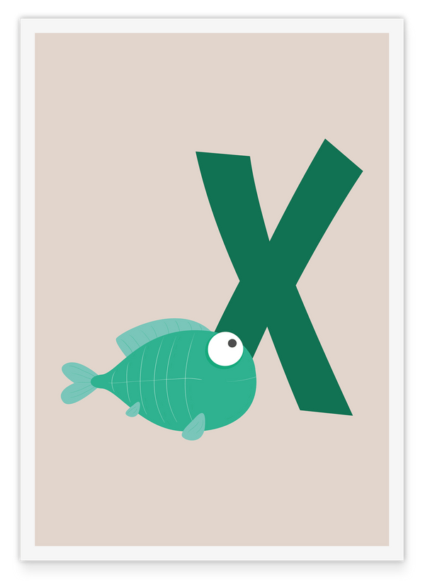 X wie X-Ray Fish, Englisches ABC Lernen, Fisch, Buchstabe für Name, Süße Zeichnung, Dekoration für Zuhause
