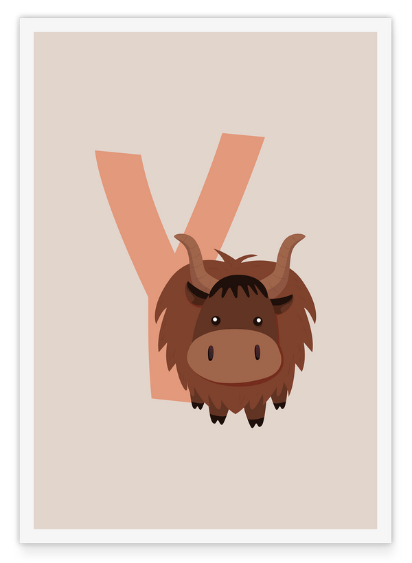 Y wie Yak, ABC Lernen, Buchstabe für Name, Süße Zeichnung, Dekoration für Zuhause