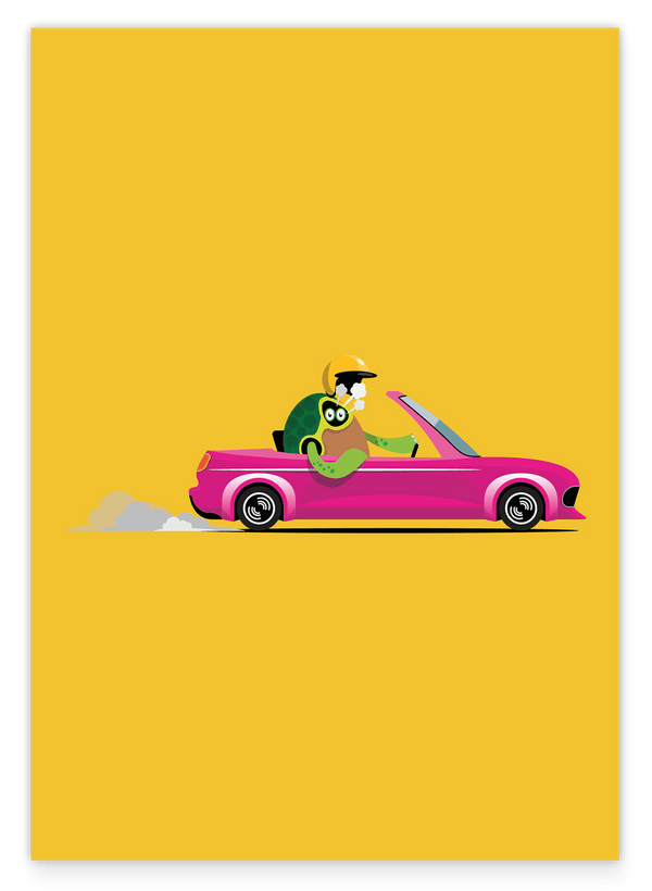 Sasha Schildkröte, Lustige Zeichnung, Autorennen im Caprio, Bunte Dekoration für Zuhause