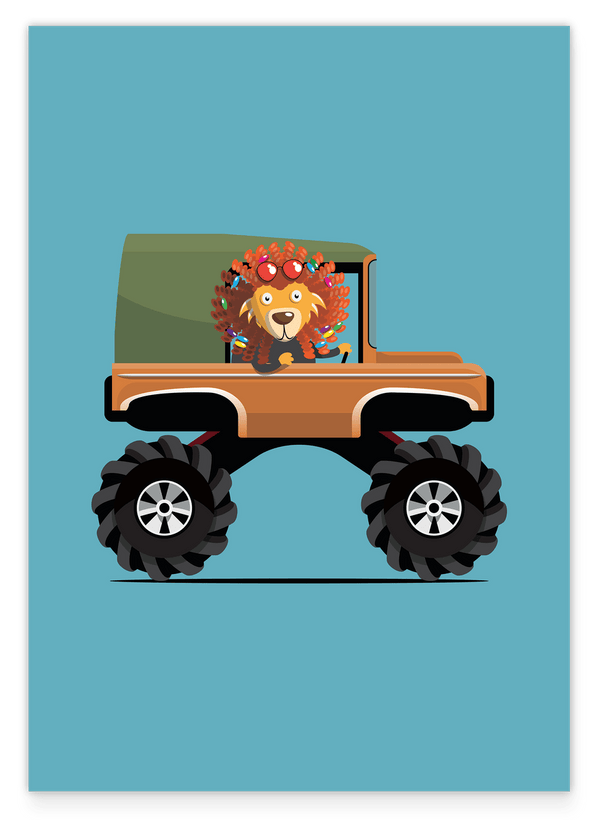 Lara Löwe, Monstertruck, Bunte Zeichnung, Auto-Illustration, Lustige Dekoration für Zuhause