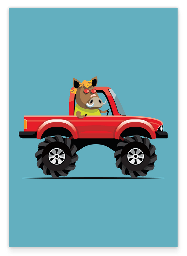 Willi Wildschwein, Buntes Auto, Monstertruck, Lustige Zeichnung für Kinder, Dekoration für Zuhause
