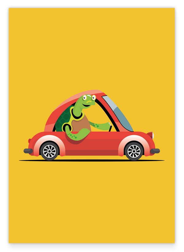 Sandra Schildkröte, Bunte Auto-Zeichnung, Illustration für Kinder, Süße Dekoration für Zuhause