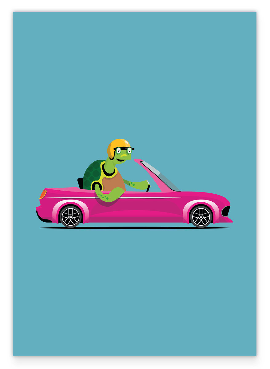 Sebastian Schildkröte, Rennauto, Süße Zeichnung, Illustration für Kinder, Bunte Deko für Zuhause