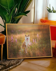 After Hover: Shiba Inu in Blumenwiese