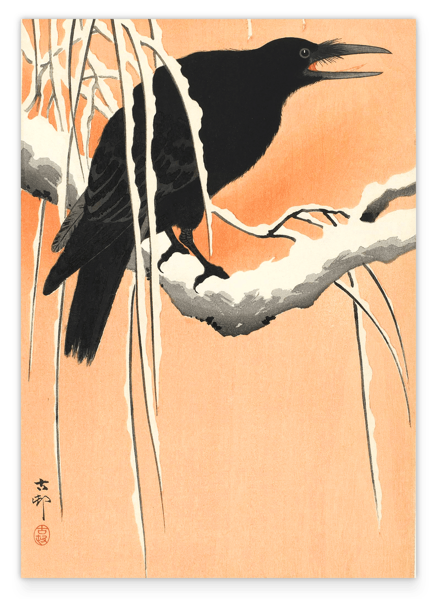 Ohara Koson - Krähe vor orangenem Hintergrund