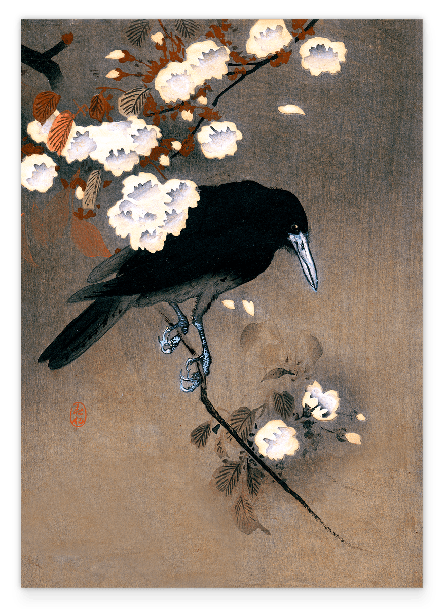 Ohara Koson - Krähe hinter Blüten