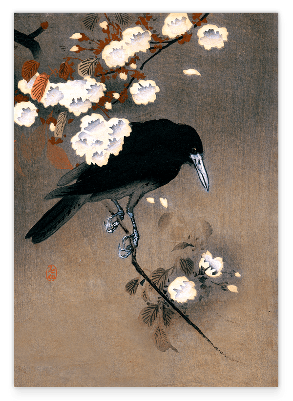 Ohara Koson - Krähe hinter Blüten