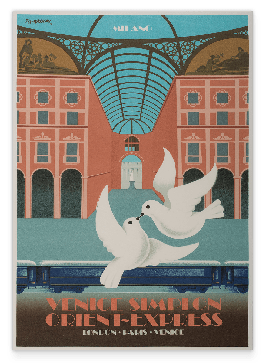 Pierre Fix-Masseau - Art Deco Werbeplakat - Tauben am Bahnhof