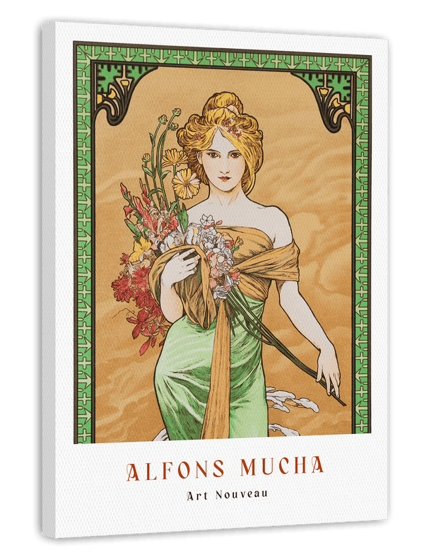 Alfons Mucha - Museum-Poster Frau in grünem Kleid mit Blumen
