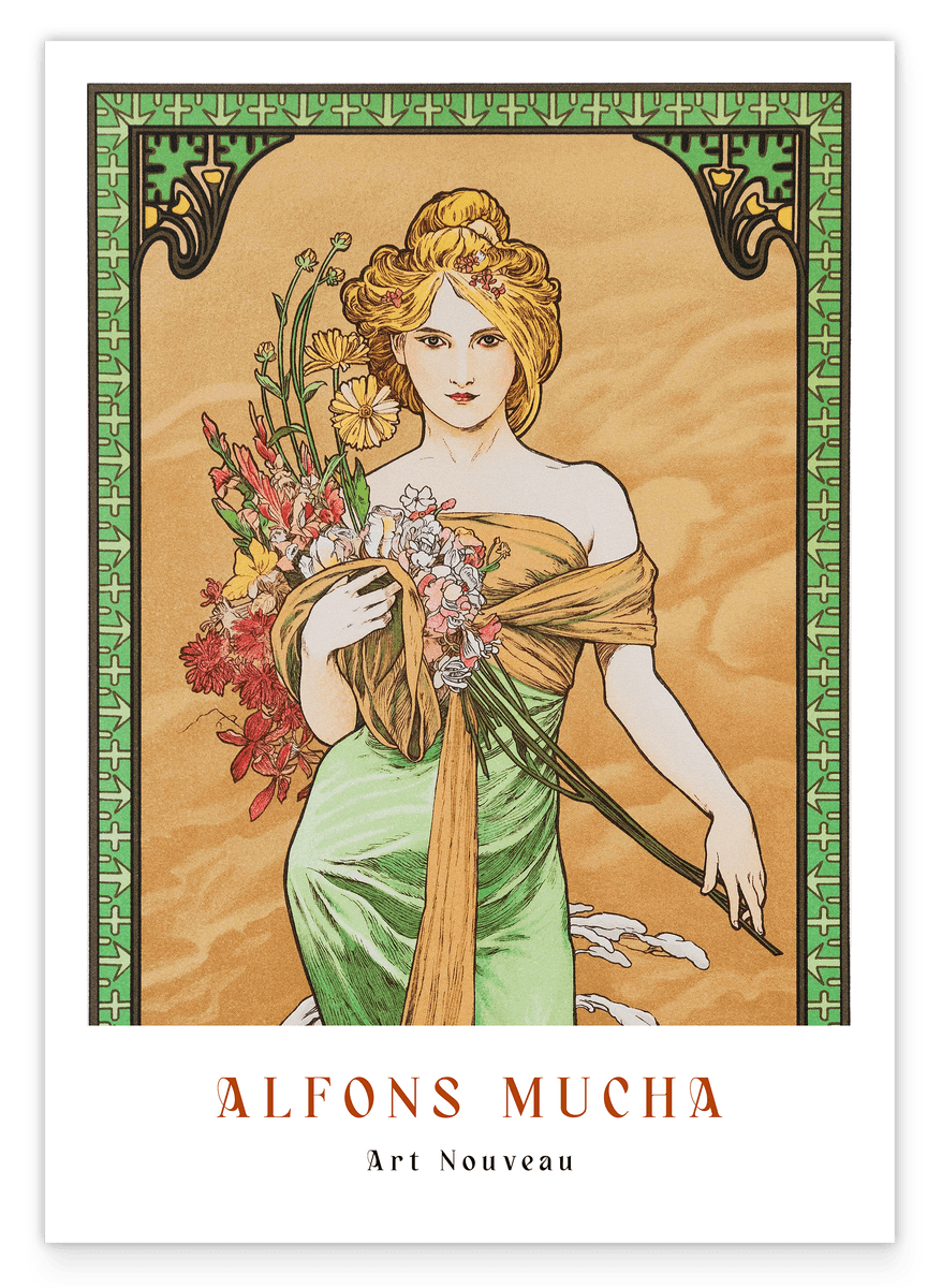 Alfons Mucha - Museum-Poster Frau in grünem Kleid mit Blumen