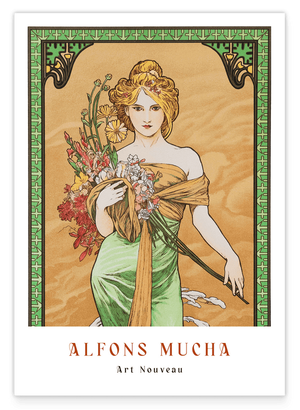 Alfons Mucha - Museum-Poster Frau in grünem Kleid mit Blumen