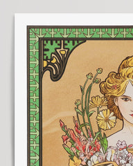 After Hover: Alfons Mucha - Museum-Poster Frau in grünem Kleid mit Blumen