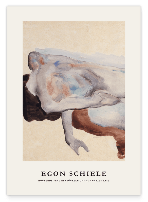 Egon Schiele - Museum-Poster I Hockende nackte Frau in Stöckeln und schwarzen Kniestrümpfen