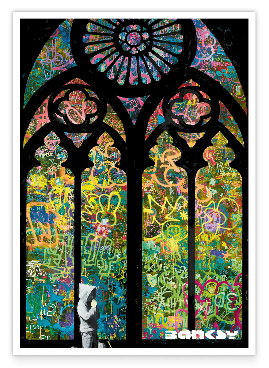 Banksy - Museum-Poster Glasmalerei in Kirche - Graffiti