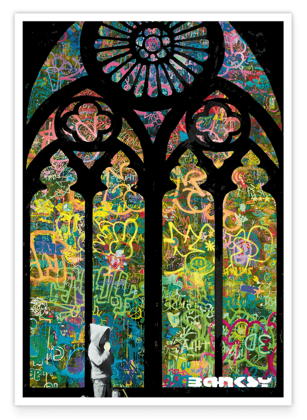 Banksy - Museum-Poster Glasmalerei in Kirche - Graffiti