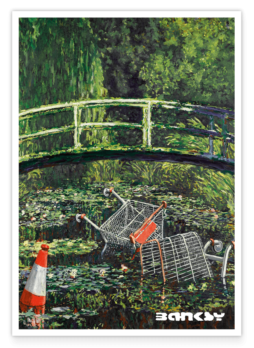 Banksy - Museum-Poster Müll im Seerosenteich vor Japanischer Brücke - Anlehnung an Claude Monet