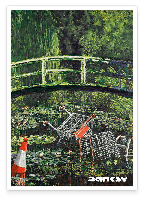 Banksy - Museum-Poster Müll im Seerosenteich vor Japanischer Brücke - Anlehnung an Claude Monet