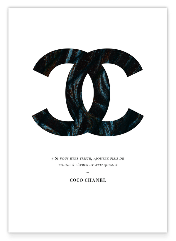 Coco Chanel Logo mit dunklem Muster und Zitat