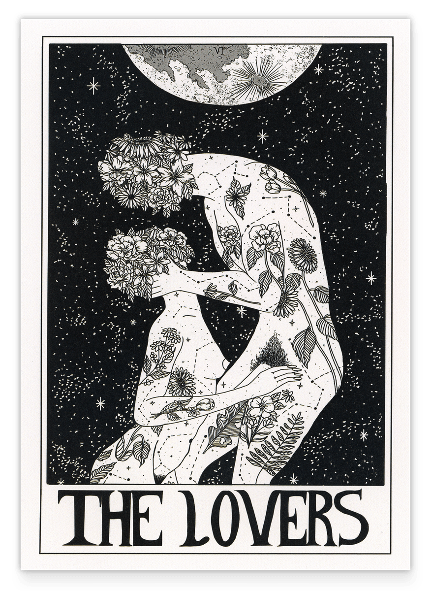 Tarot Zeichnung - The Lovers - Boho Zeichnung in Schwarz-Weiß 
