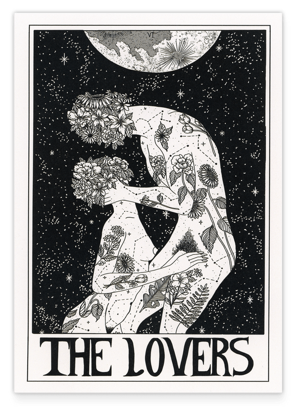 Tarot Zeichnung - The Lovers - Boho Zeichnung in Schwarz-Weiß "Die Liebenden"