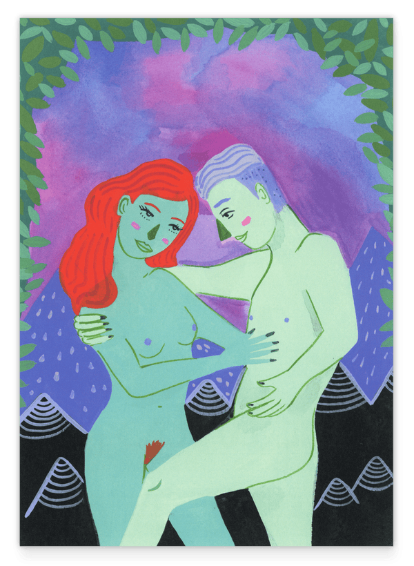 Tarot Karte - Die Liebenden - Paar Illustration "The Lovers" in Grüntönen