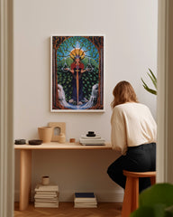 After Hover: Die Gerechtigkeit - Spirituelle Zeichnung "Justice" im Tarot Stil mit Bäumen