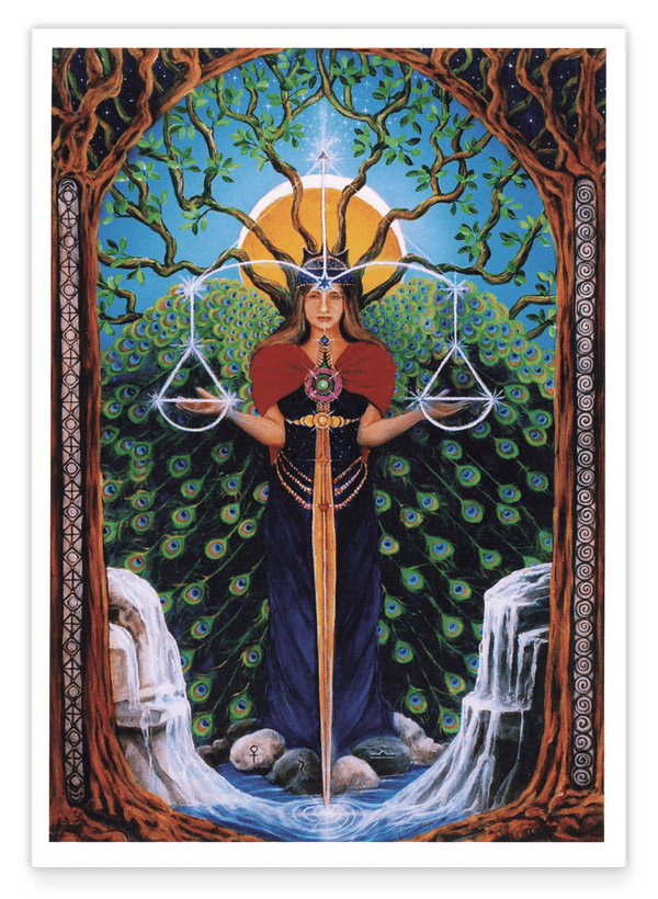 Die Gerechtigkeit - Spirituelle Zeichnung "Justice" im Tarot Stil mit Bäumen