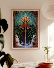 After Hover: Die Gerechtigkeit - Spirituelle Zeichnung "Justice" im Tarot Stil mit Bäumen